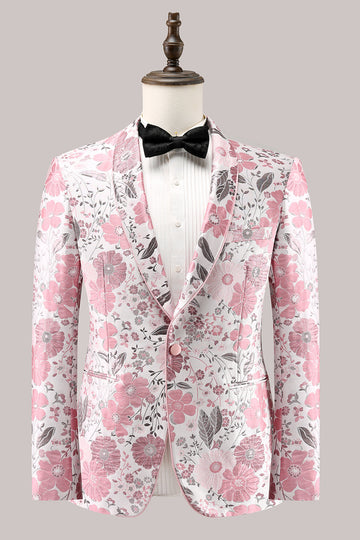 Pink Shawl Lapel Floral Jacquard One Button Men's Formal Blazer